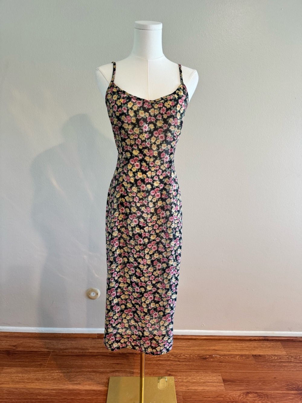 Vintage 90s Rampage Floral Slip Midi Dress in Black with Pink & Yellow Blooms